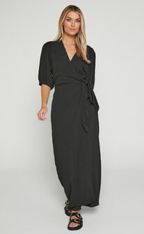 Nikkita Midi Dress - Puff Sleeve Wrap Dress in Black