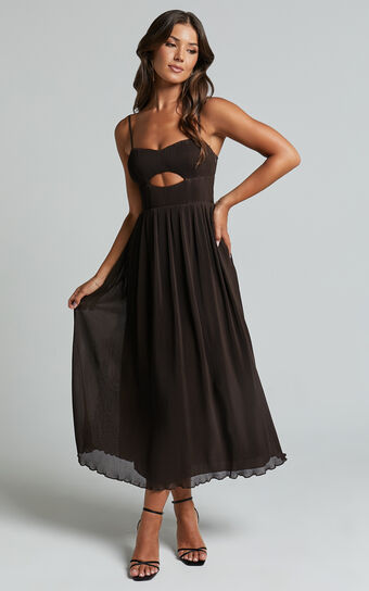 Ezri Midi Dress - Strappy Cut Out Pleated A Line Dress in Chocolate