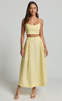 Rosalee Two Piece Set - Strappy Crop Top and High Waisted A Line Midi Skirt Set in Yellow