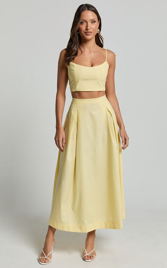 Rosalee Two Piece Set - Strappy Crop Top and High Waisted A Line Midi Skirt Set in Yellow