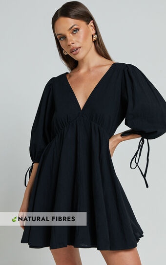 Chrisie Mini Dress - V Neck Short Balloon Sleeve Tie Back Smock Linen Look Feel Dress in Black