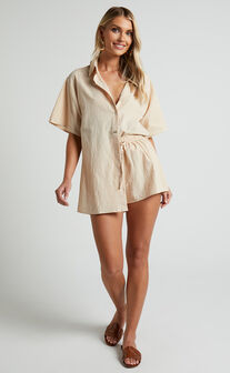 Vina Del Mar Two Piece Set - Linen Look Shirt and Shorts Set in Oatmeal