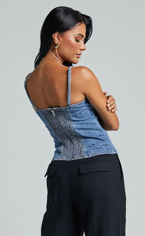 Mckenna Top - Strappy Bustier Denim Top in Mid Blue Wash