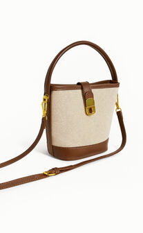 Mumbai Bag - Canvas & PU Bucket Mini Tote Bag in Tan/Natural