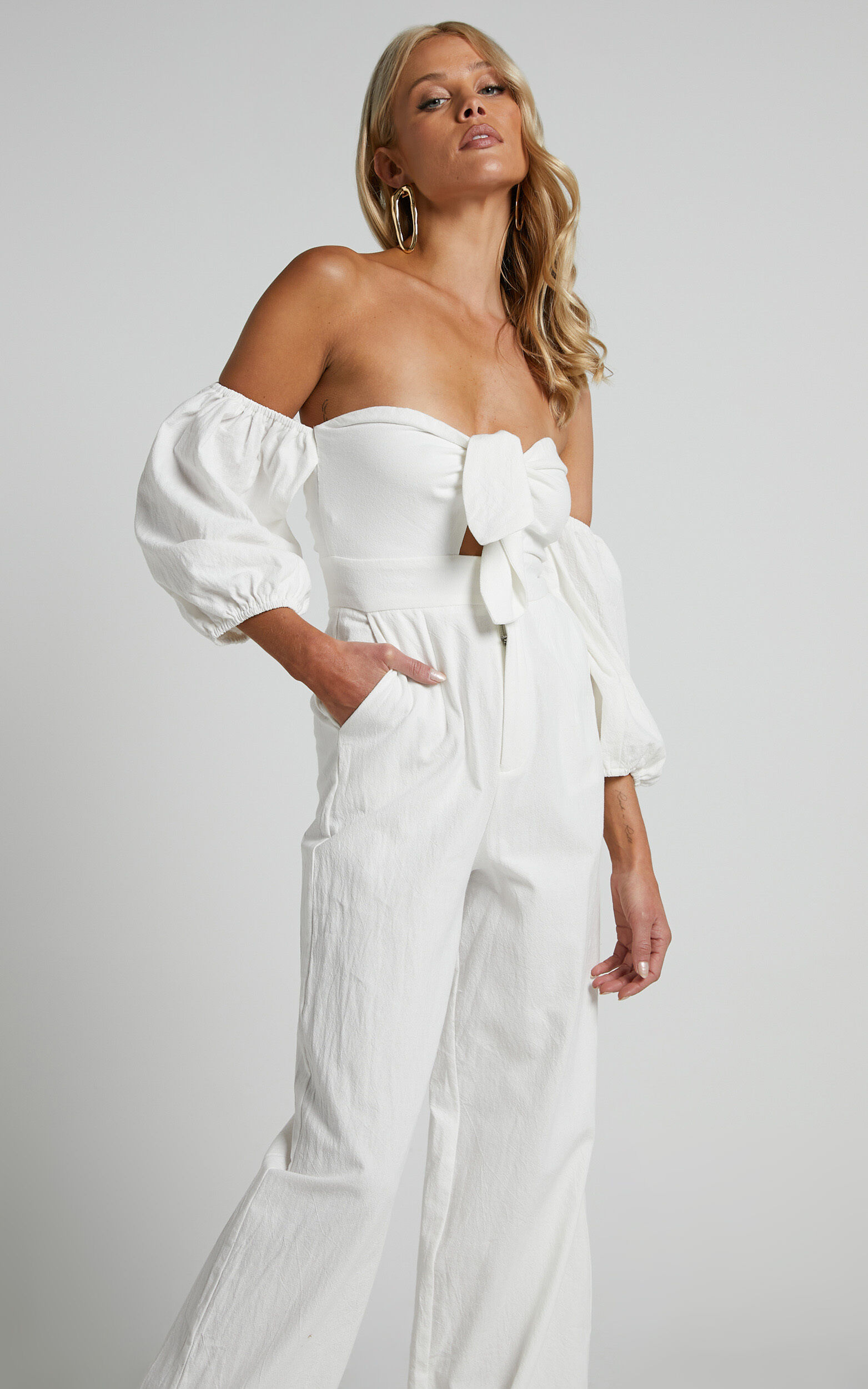 White off the shoulder jumpsuit top
