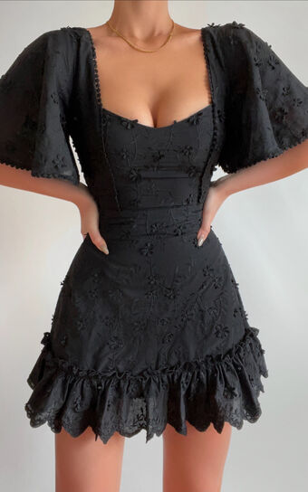 Fancy A Spritz Mini Dress Square Neck in Black Embroidery Showpo