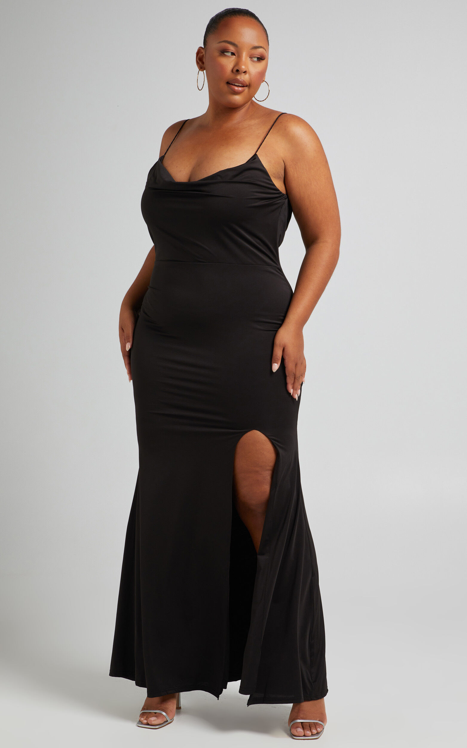 Tasteful Midi Dress - Cowl Neck Bodycon Thigh Split Dress in Black | Showpo