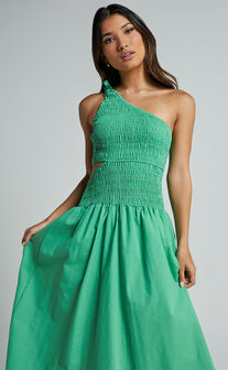 Larose Midi Dress - One Shoulder Tie Side Cut Out Dress Fit and Flare Dress in Green