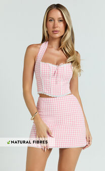Rosario Two Piece Set - Gingham Corset And Mini Skort Set in Pink
