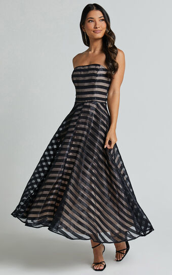 Paige Midi Dress - Removable Strap Sheer Striped Dress in Black Stripe