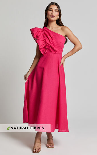 Dixie Midi Dress - Linen Look One Shoulder Ruffle Dress in Raspberry