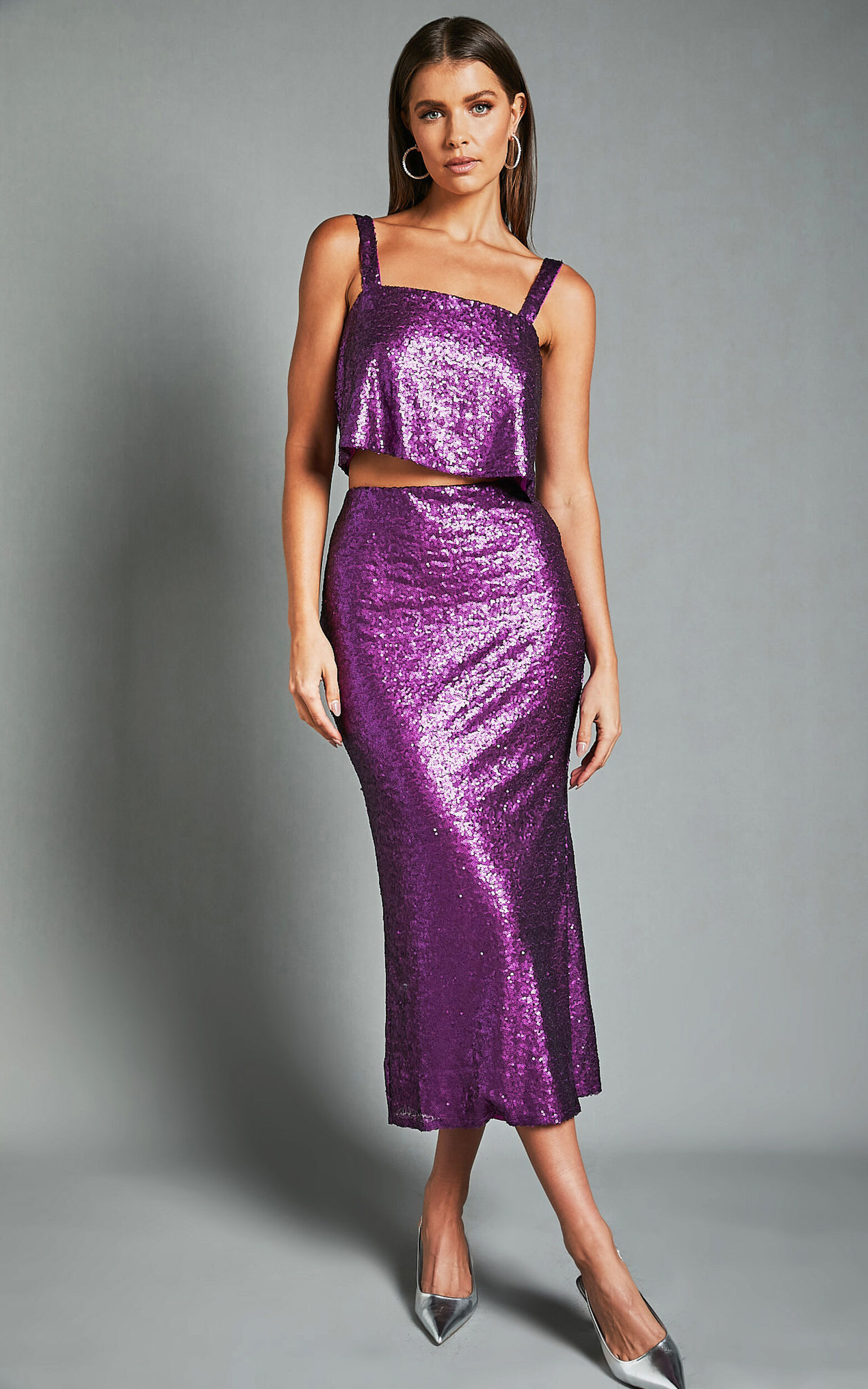 Mirabel Two Piece Set - Sequin Cami Top and Midi Skirt Set in Amethyst - 06, PRP1
