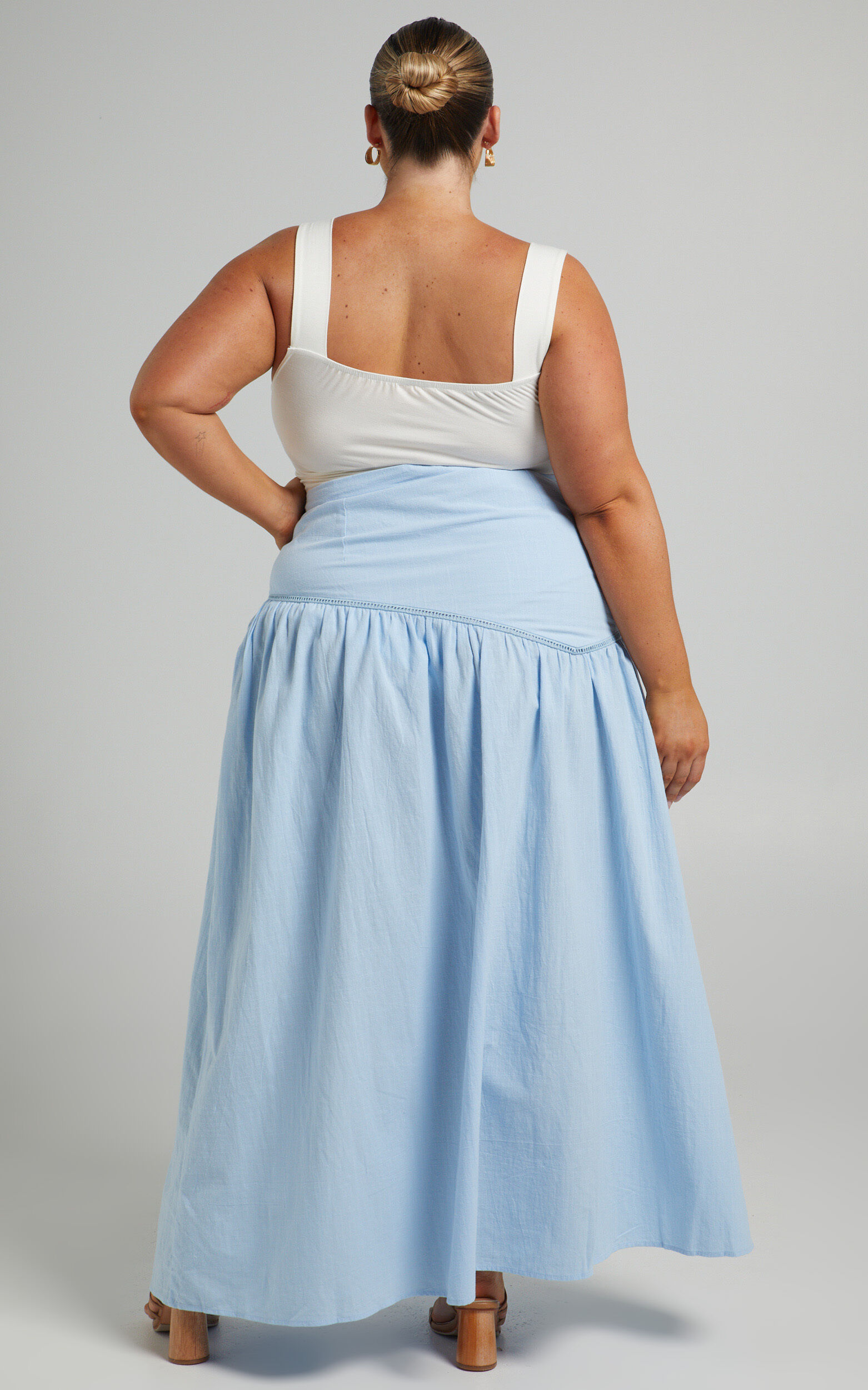 Jalena Thigh Slit Asymmetric Maxi Skirt in Light Blue