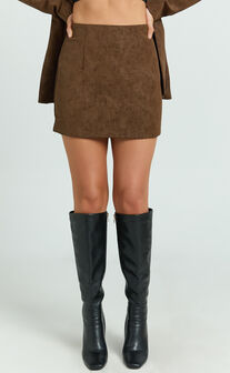 Gretchen Mini Skirt - High Rise Faux Suede Skirt in Brown