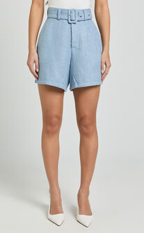 Delilah Shorts - High Waist Belted A Line Tweed Shorts in Blue