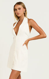 Sammie Mini Dress - Backless Halter Neck Linen Look Dress in Off White | Showpo USA