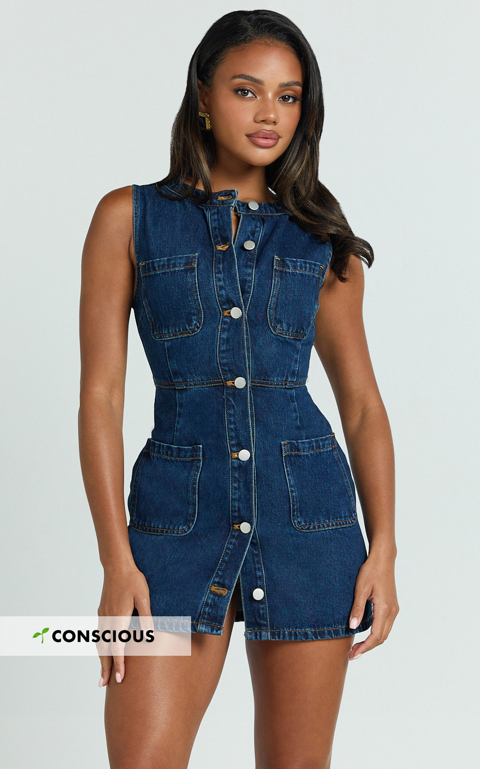 Stephanie Mini Dress - Scoop Neck Pocket Detail Recycled Denim Mini Dress in Indigo Wash - 04, BLU1