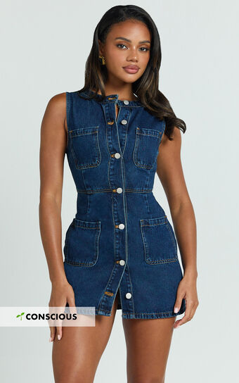 Stephanie Mini Dress - Scoop Neck Pocket Detail Recycled Denim Mini Dress in Indigo Wash