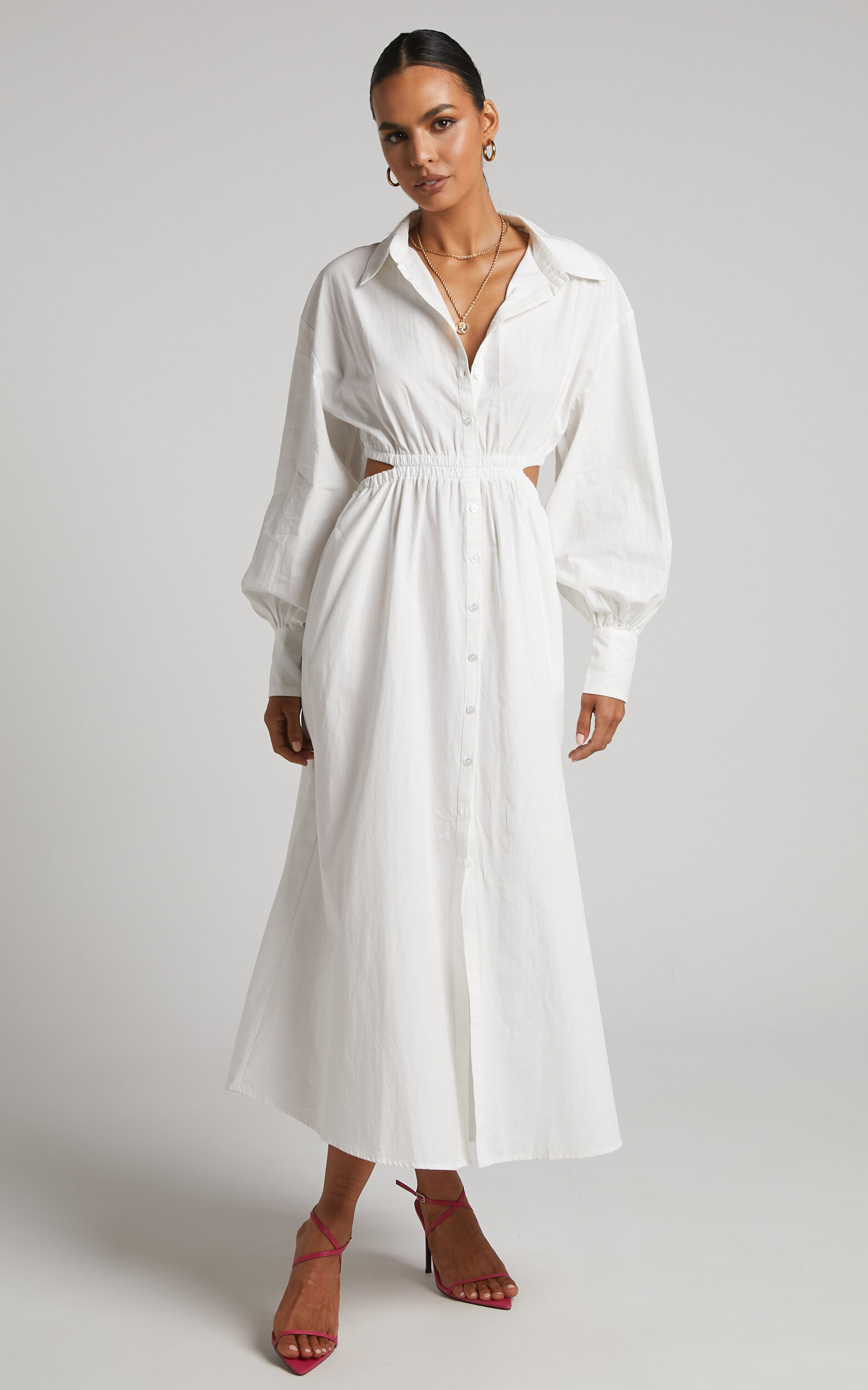 Merabelle Midi Dress Side Cut Out Collared Long Sleeve Shirt Dress in White