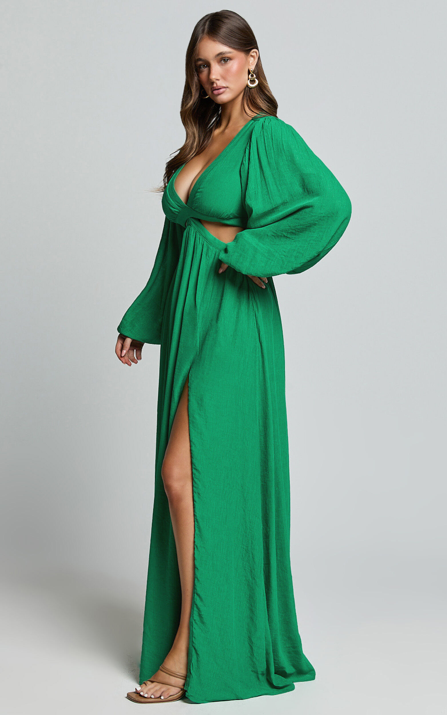 Paige Maxi Dress Side Cut Out Balloon Sleeve Dress in Green Showpo EU