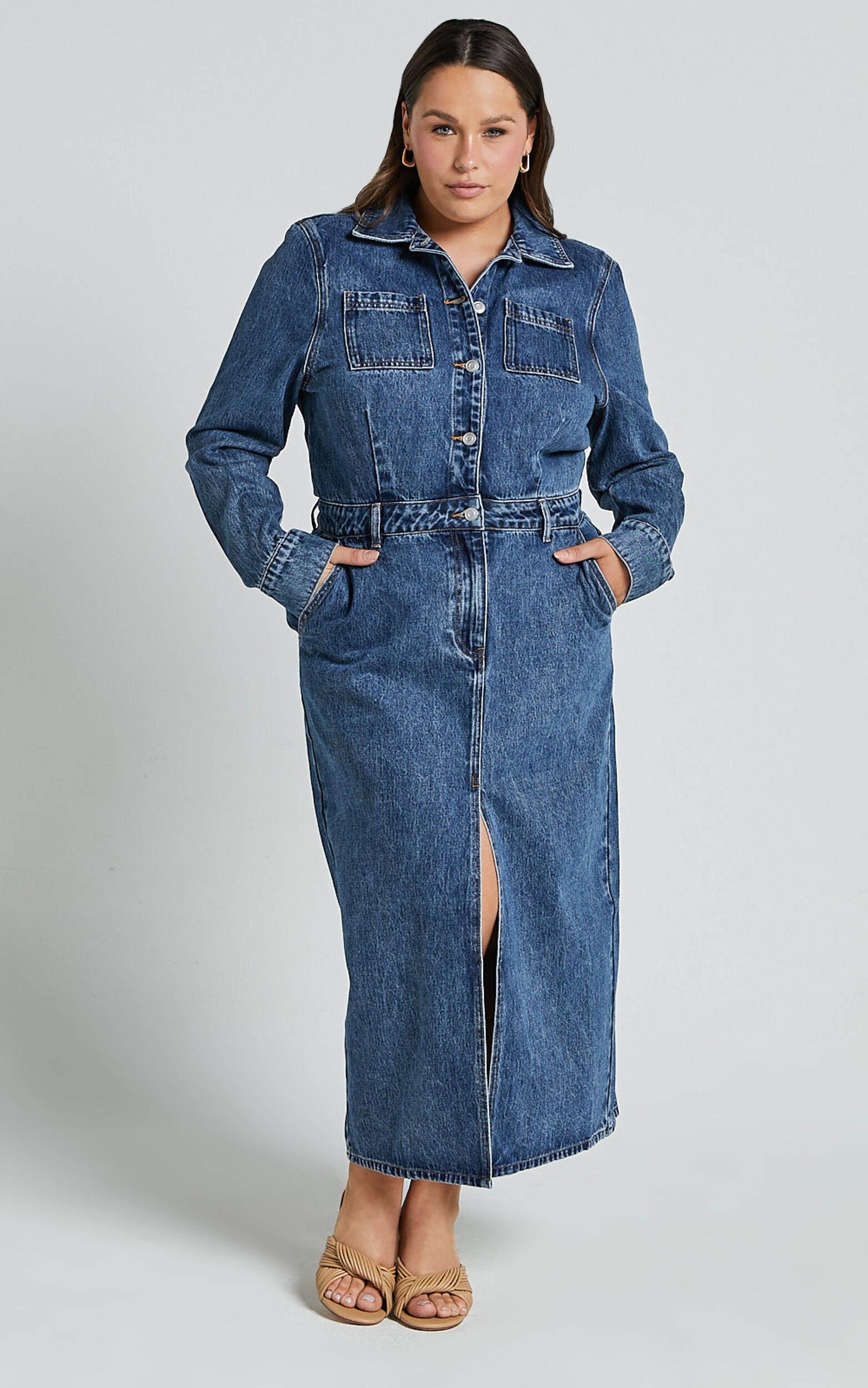 Alison Midi Dress Long Sleeve Front Split Denim Dress in Mid Blue Wash Showpo USA