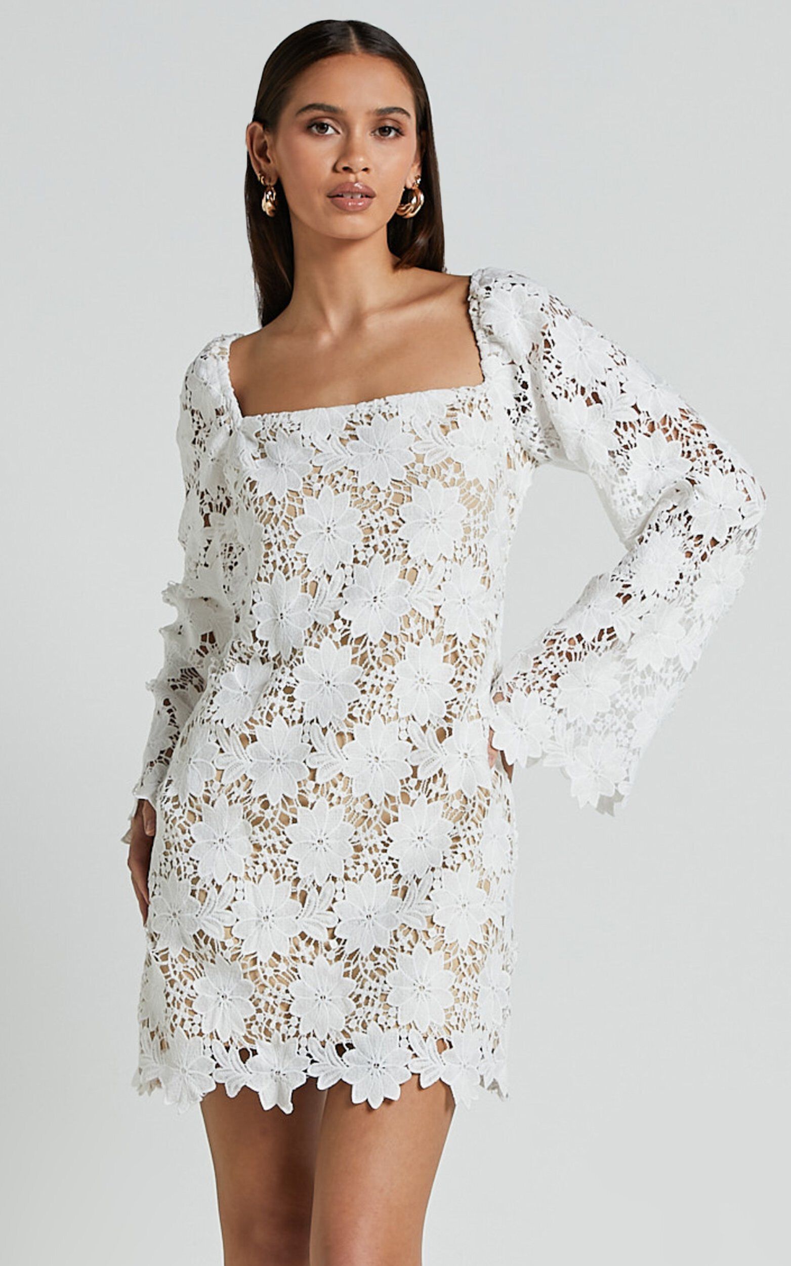 Cassie Mini Dress - Straight Neck Long Flared Sleeve Tie Back Lace Dress in White - 08, WHT1