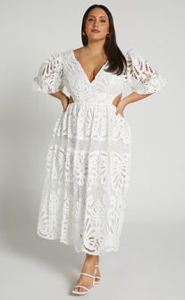 Anieshaya Midi Dress - V Neck Cut Out Lace Dress in White