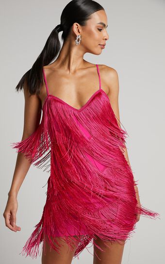 Siofra Mini Dress  Zig Zag Fringe in Hot Pink Showpo