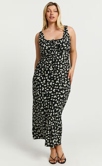 Elanora Midi Dress - Scoop Neck Keyhole Front Empire Waist Bias Cut Slip Dress in Black Wildflower