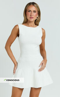 Jacqueline Mini Dress - High Neck Fit And Flare Pleat Knit Dress in Cream