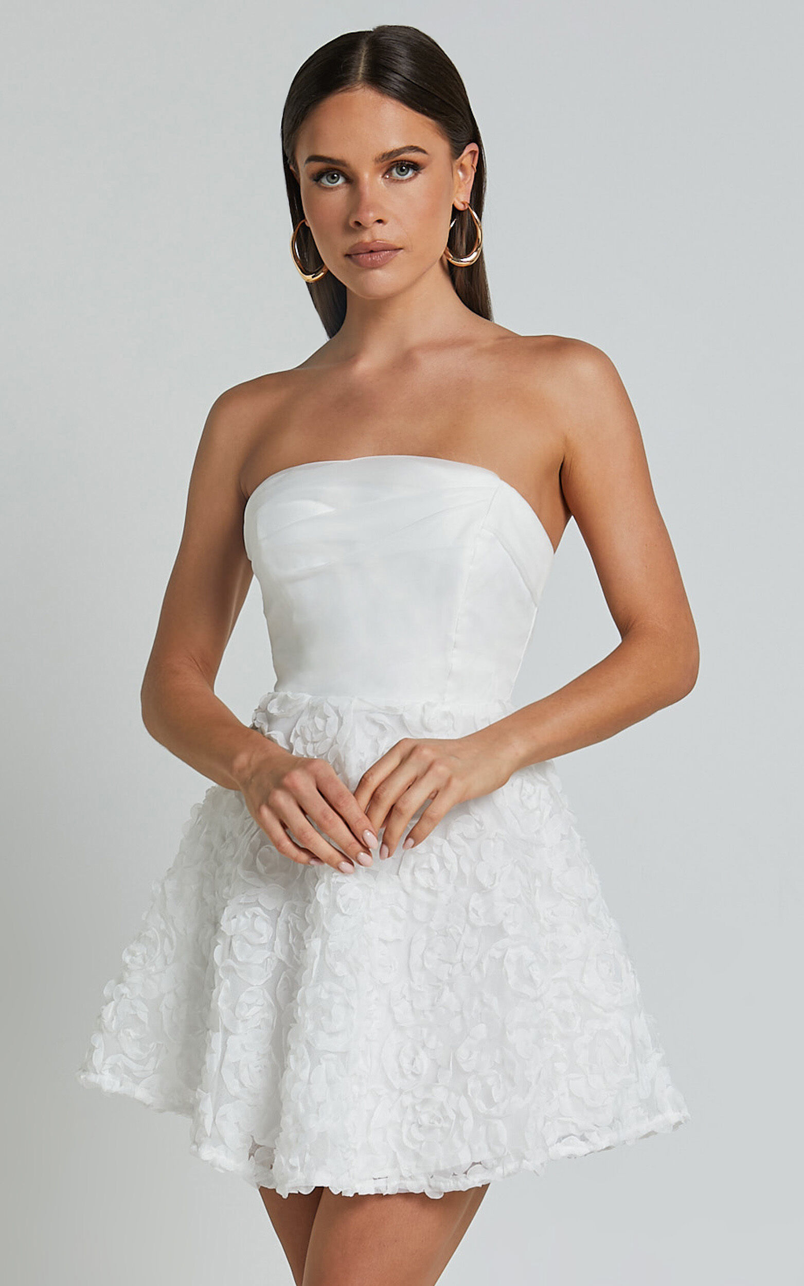 Violeta Mini Dress - Strapless 3d Floral Dress in White - XS, WHT1