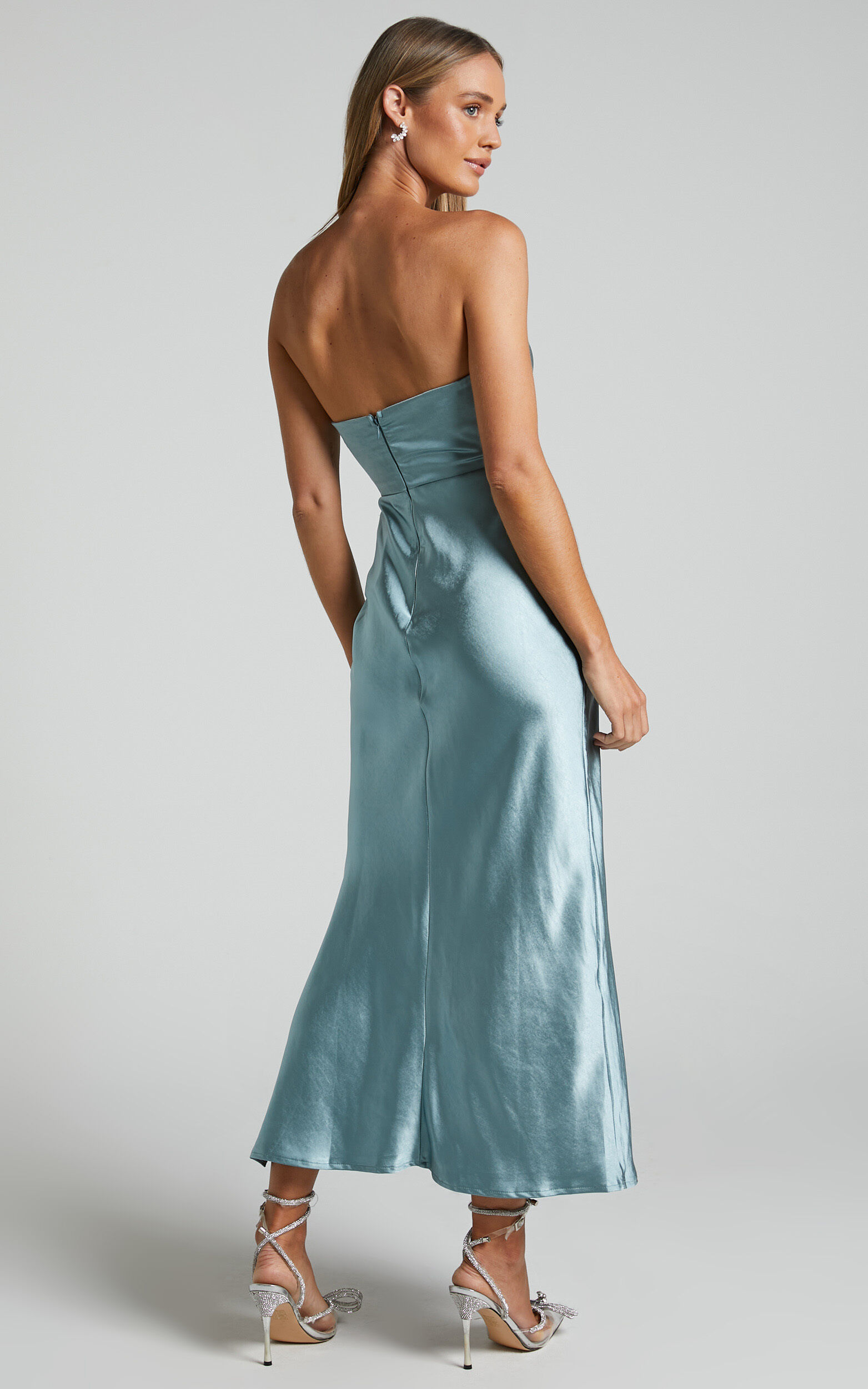 Jaslynn Midi Dress - Strapless V Neck Satin Dress in Ice Blue | Showpo USA