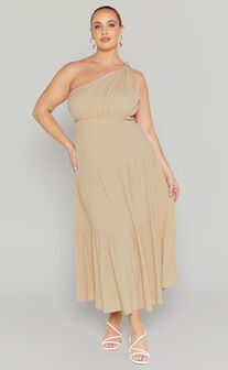 Celestia Midi Dress - Tiered One Shoulder Dress in Sand