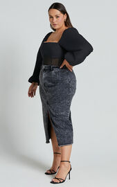 Lincy Bodysuit - Puff Long Sleeve Mesh Waist Detail Bodysuit in Black ...