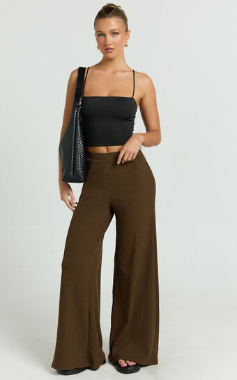 Amalthea Pants - High Waisted Jersey Rib Wide Leg Pants in Chocolate