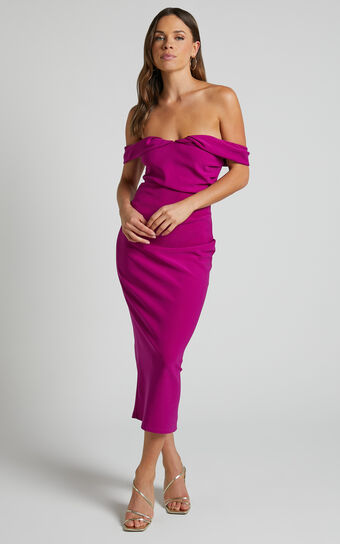 Frankie Midi Dress - Bodycon Off The Shoulder Dress in Purple
