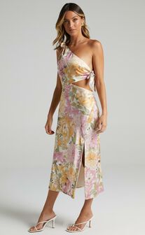 Glaucus Midi Dress - One Shoulder Cut Out Dress in Elegant Rose