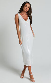 Rosa Midi Dress - Low Back Sequin Dress in White