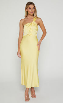 Carmella Midi Dress - One Shoulder Twist Detail Dress in Butter Yellow