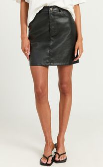 Stormi Mini Skirt - High Waist Faux Leather Skirt in Black