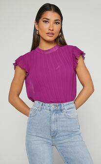 Harlow Top - High Neck Pleated Workwear Top in Plum