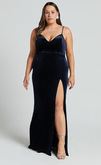 Diamona Midi Dress - Velvet Thigh Split V Neck Dress in Navy