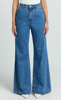 Therese Jeans - High Waist Wide Leg Flare Recycled Denim Jeans in Dark Blue Wash