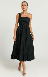 Stephanie Midi Dress - One Shoulder Tiered Midi Dress in Black | Showpo