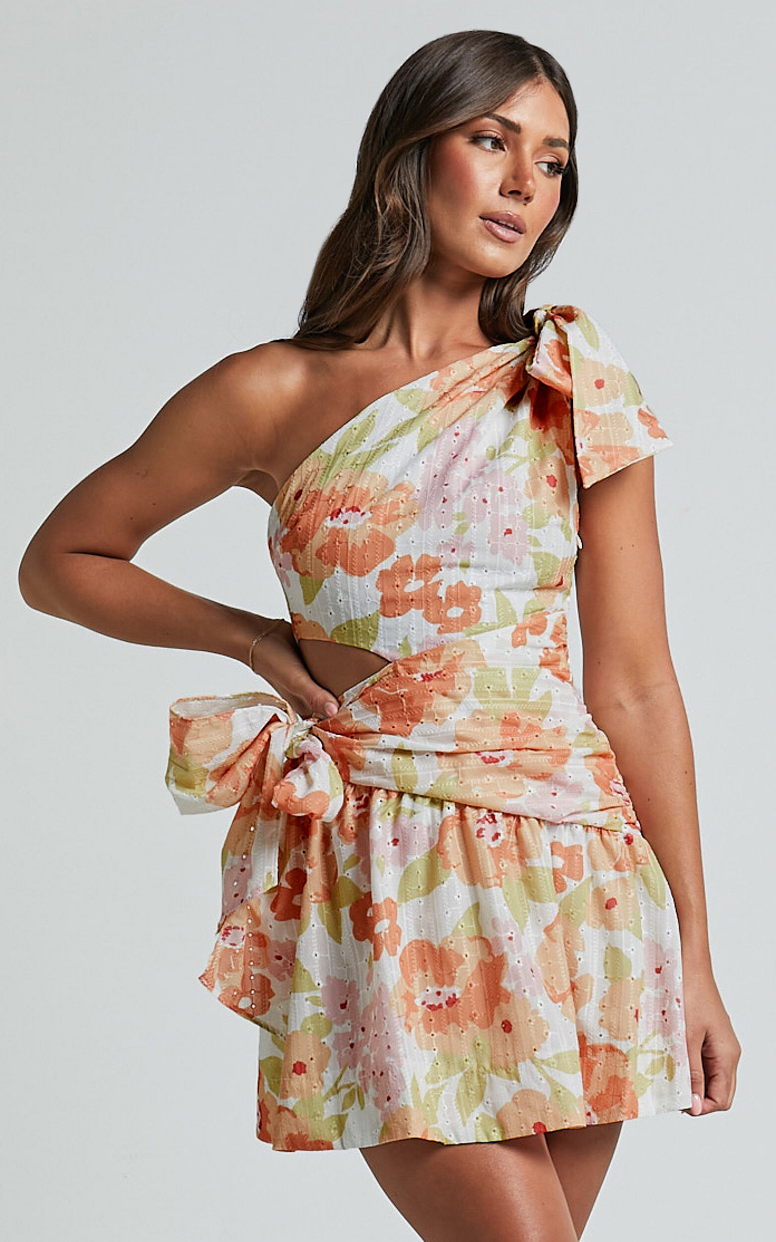 Zaria Mini Dress - Asymmetric Cut Out Tie Waist Dress in Orange Floral - 06, ORG1