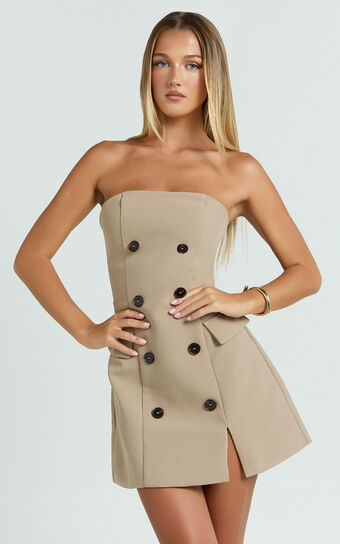 Tansy Mini Dress - Strapless Tailored Bodycon Dress in Tan