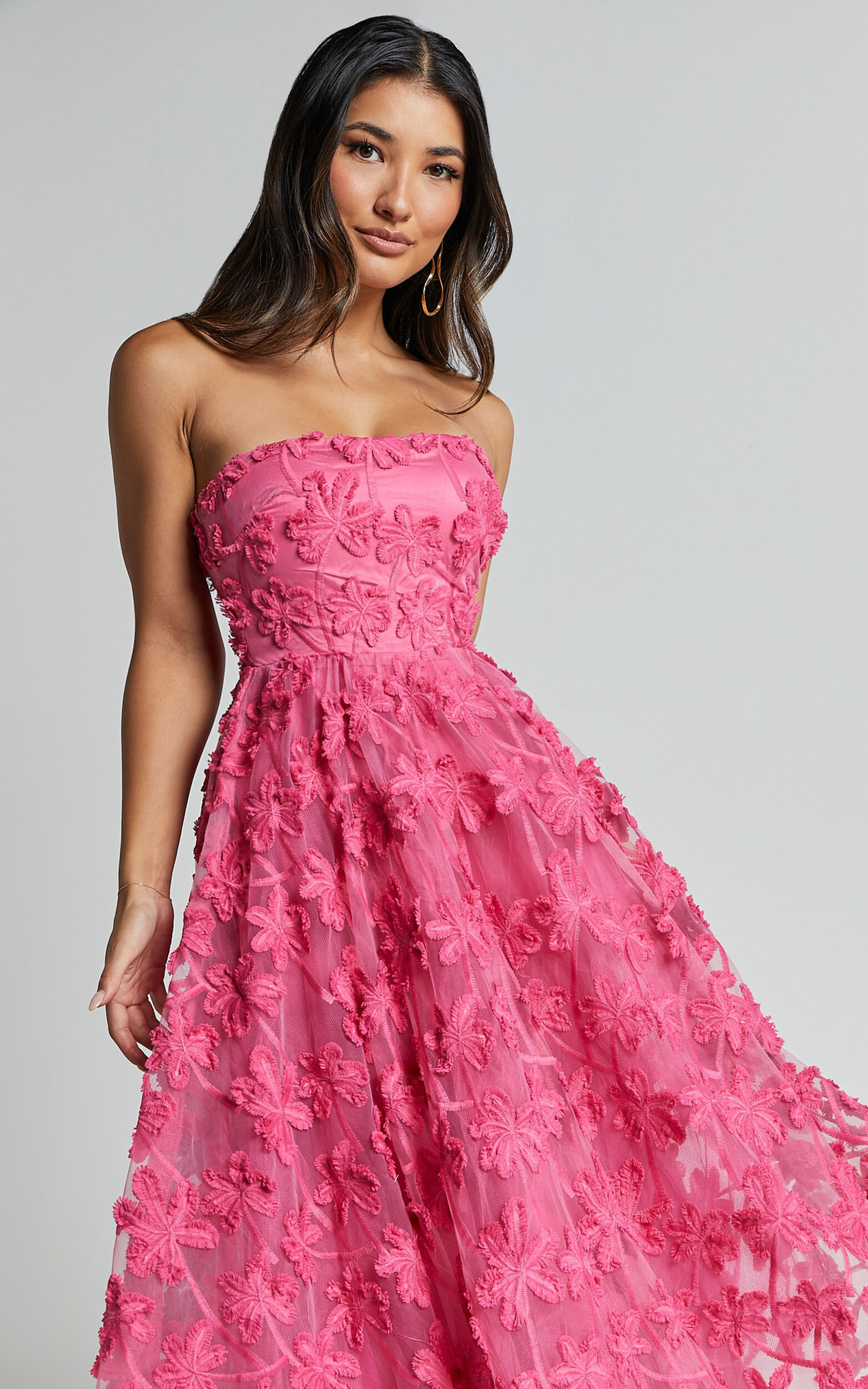 Rheiva Midi Dress - Strapless 3D Embroidery Midi Dress in Pink | Showpo USA