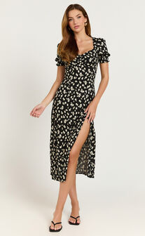 Marcel Midi Dress - Sweetheart Puff Sleeve Thigh Split Dress in Black Wildflower