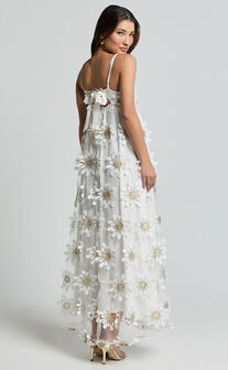 Candice Midi Dress - Straight Neck Floral Embroidery Detail Shift Dress in White