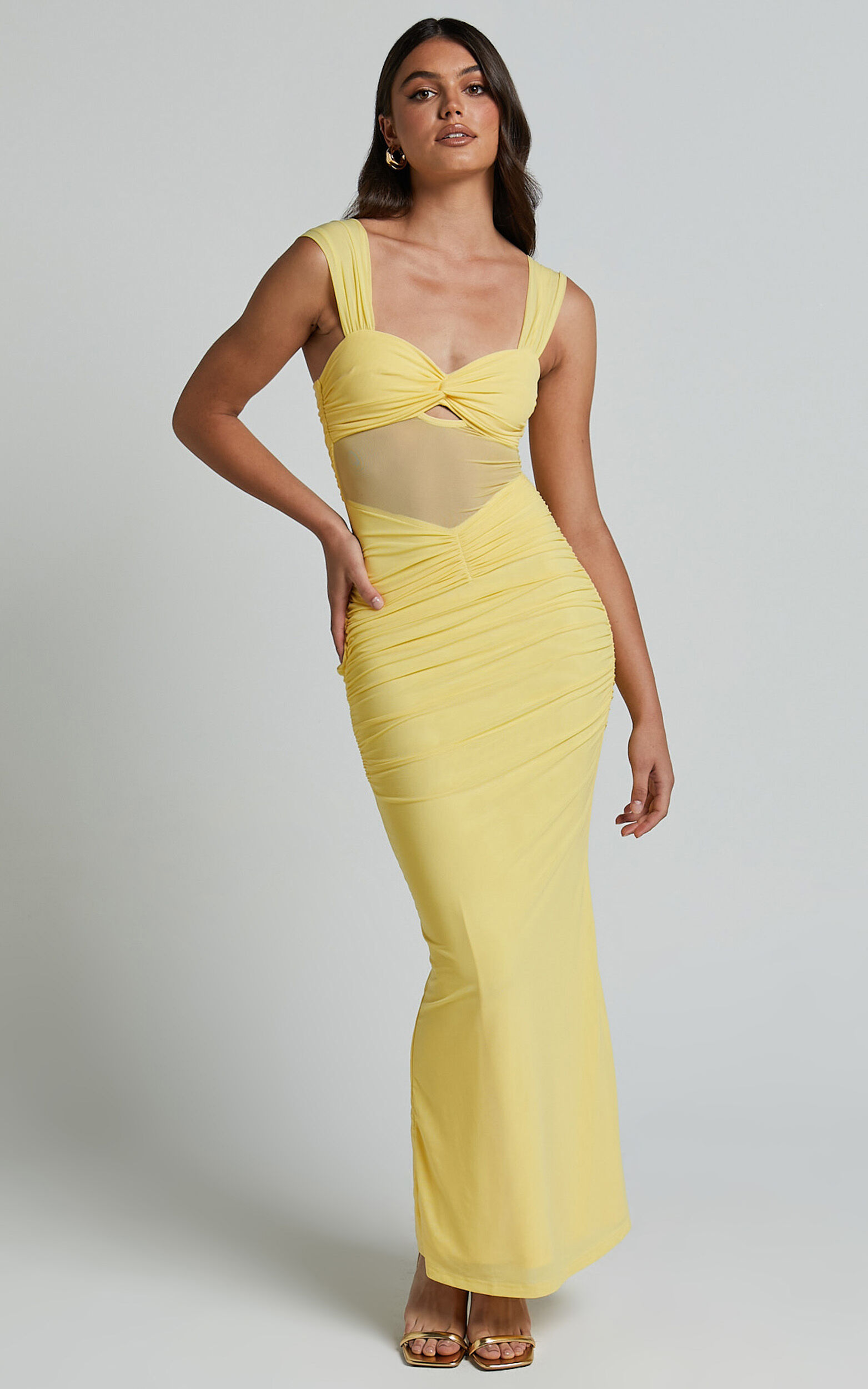 Adalee Midi Dress- Sheer Panel Ruched Bust Dress in Yellow - 06, YEL1